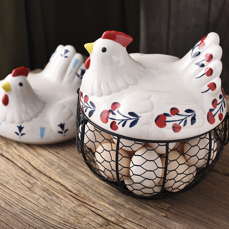 创意家居母鸡收纳篮釉下彩陶瓷铁艺厨房鸡蛋篮蒜葱姜土豆镂空容器
