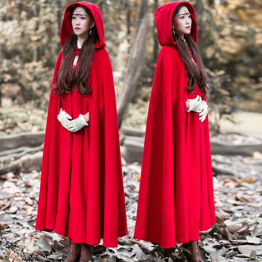 2023冬装加厚披风外套文艺大红色巫师帽大摆长款斗篷毛呢复古大衣