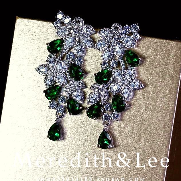 Meredith&Lee意大利设计兰芝藤蔓水滴祖母绿气质晚宴礼服锆石耳环