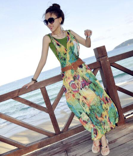 泰国2021春新款露肩沙滩裙夏波西米亚长裙雪纺连衣裙两件套裙子